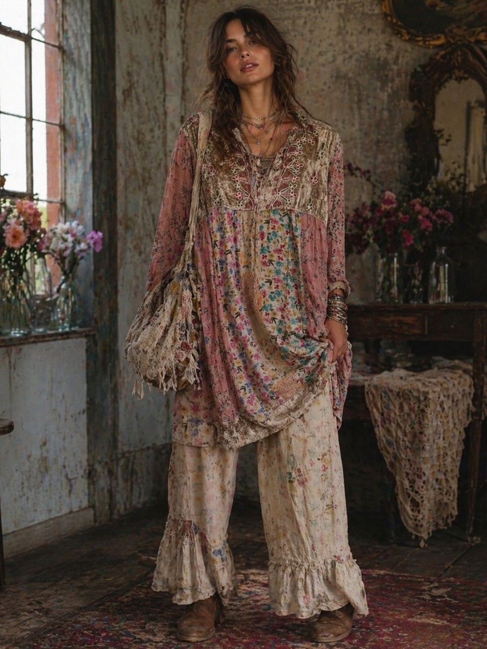 Young Threads Boho Floral Patchwork Mini Dress Tunic M New!